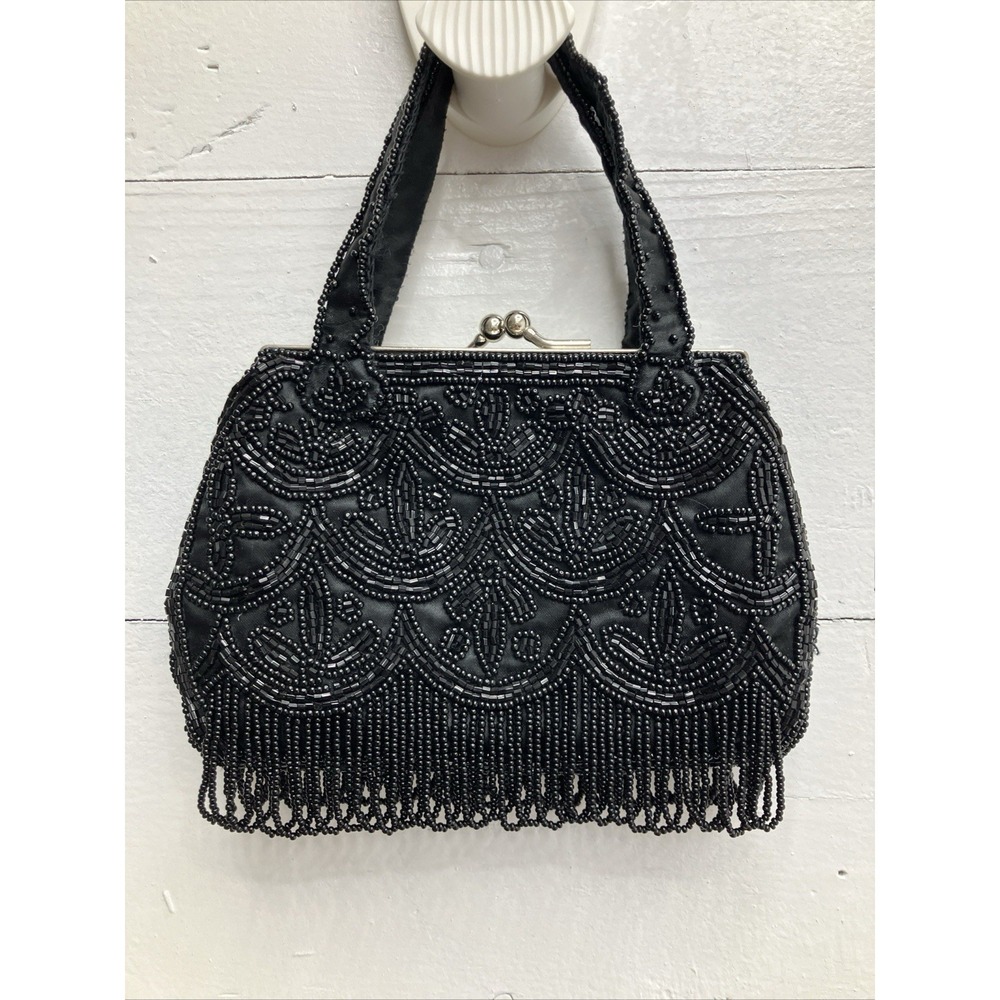 VTG La Regale Beaded Black Evening Mini Purse Fully Beaded Bead Fringe Kiss Lock